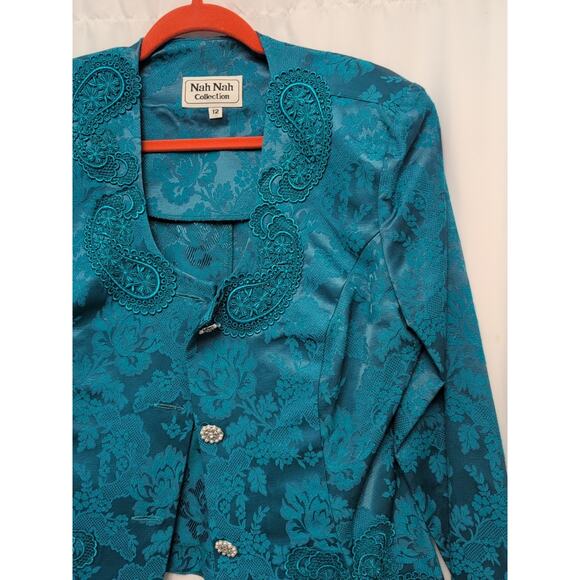 nah nah collection 12 jacket teal paisley rhinestone buttons shoulder pads - Picture 4 of 9